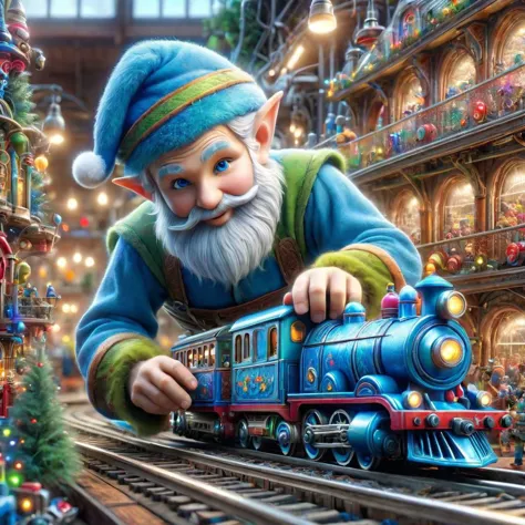 Giant realistic young beardless blue elf fixing a toy train  that has a whole toy factory inside of it. extremely detailed compl...