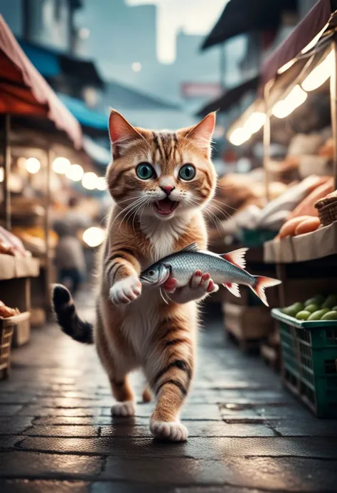 Filmisches Standbild einer Katze, die einen Fisch mit den Pfoten hält,  auf einem Markt weglaufen. . geringe Schärfentiefe,  vignette,  sehr detailliert,  Hohes Budget,  bokeh,  Cinemascope,  Launisch,  Epos,  wunderschön,  Filmkorn,  körnig