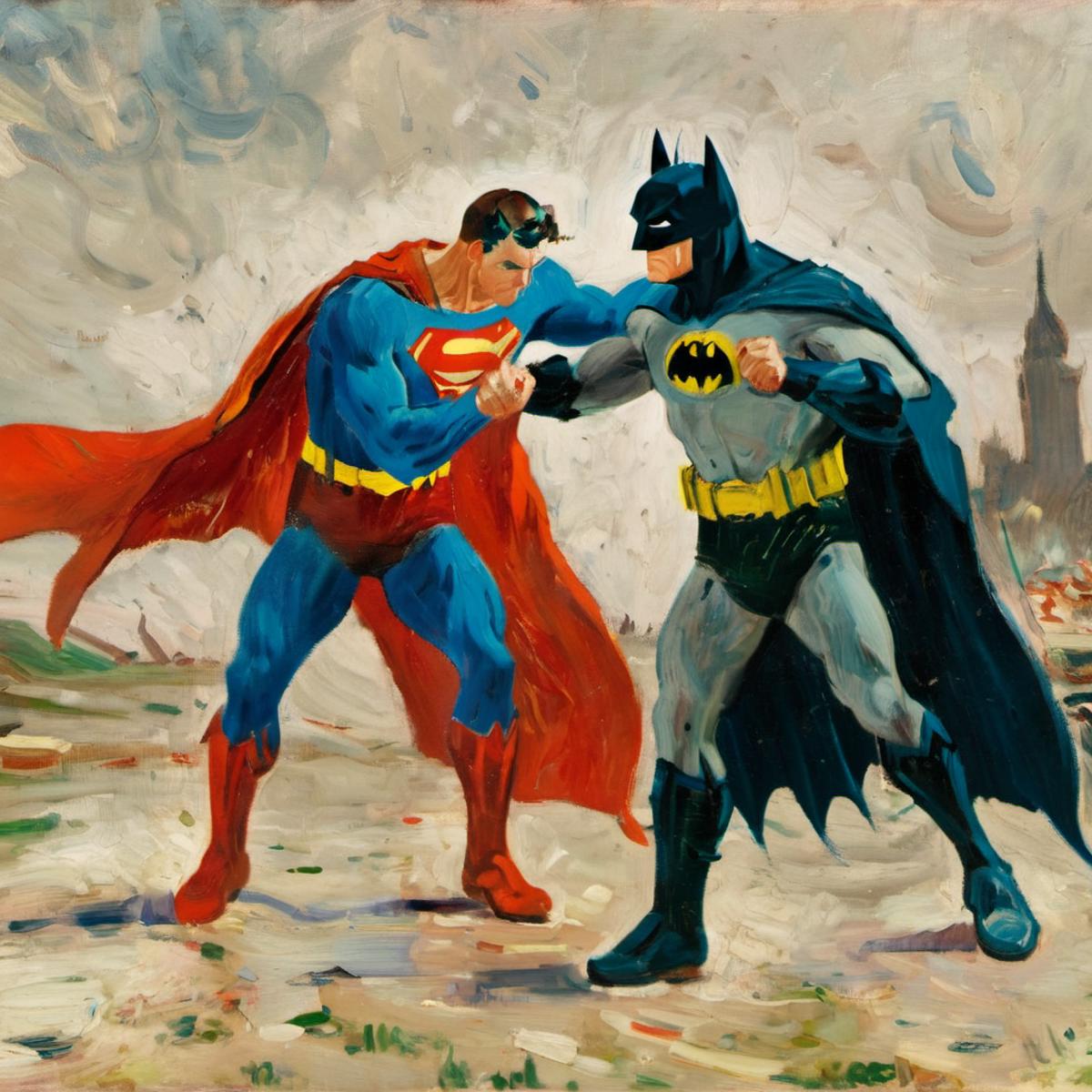 Batman and superman fighting in a painting style - SeaArt AI