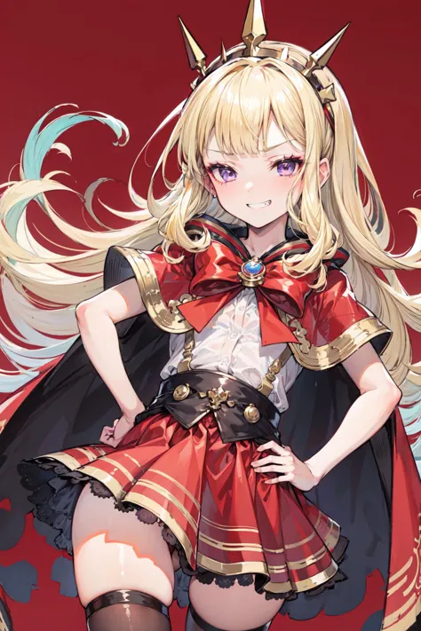 masterpiece,best quality,1girl,Cagliostro,long hair,blonde hair,purple eyes,eyelashes,crown,CagliostroBase,hairband,black thighhighs,red bow,red skirt,cape,evil grin,(half-closed eyes:0.9),hands on hips,multicolored background,dutch angle,<lora:Concept-control tool-add_detail-CyberAIchemist:0.8>,<lora:CagliostroLORA:0.9>,