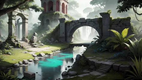 Colorful jungle ruins, extremely green leaves. Ruby red stone walls and tower. Turqoise crystal clear water