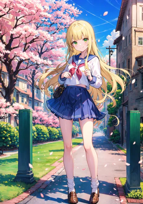 cute little girl standing in front of the school gate,blonde hair,green eyes,long hair,(blunt bangs),(sailor uniform:1.3),loose socks,loafers,full body,smile,kawaii,cowboy shot,concept art,cherry blossom tree,blue sky,