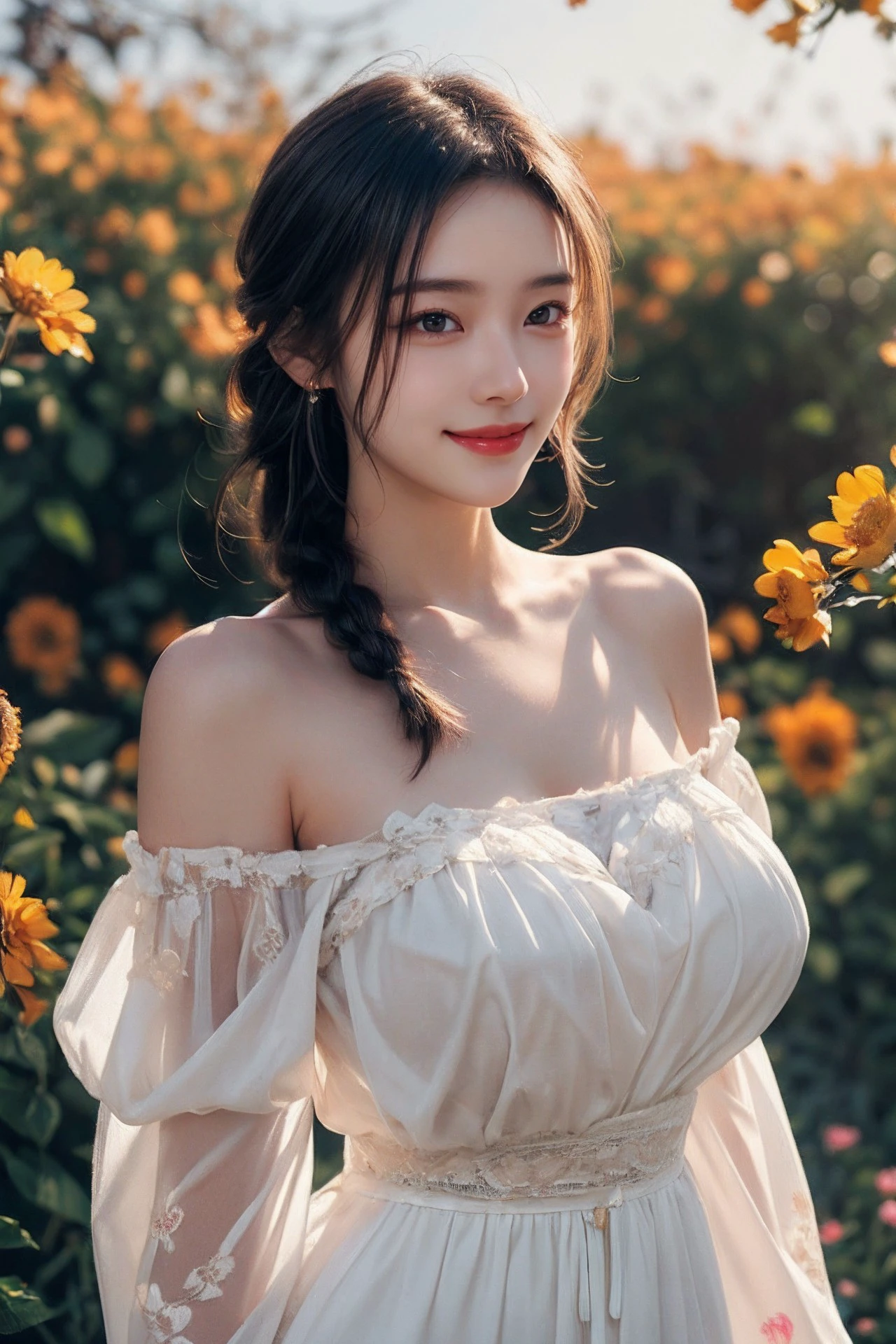 1girl,leogirl,tsurime,solo,(smiling,happy:1.25),(bright red lips,blush:0.8),huge breasts,(sagging breasts:1.2),braids,walking,pose,
(multicolored background,see-though high-waist lace chiffon dress with sleeves,bare shoulders,off shoulder:1.2),(dreamflower,multicolored_background,A melancholic autumn scene in a vast flower field,a gentle breeze rustling through the dry grass,fallen leaves scattered among the flowers,a bittersweet atmosphere,a moment of quiet contemplation,Soft and warm color palette,delicate brushwork,evocative use of light and shadow,subtle details in the wilting flowers,high contrast,color contrast),butterfly,
masterpiece,official art,best quality,high quality,highres,natural light,ray tracing,volumetric light,realistic,photorealistic,ultra highres,vivid,nostalgia,bokeh,