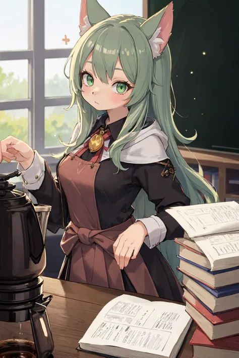 anime girl with green hair and cat ears holding a teapot