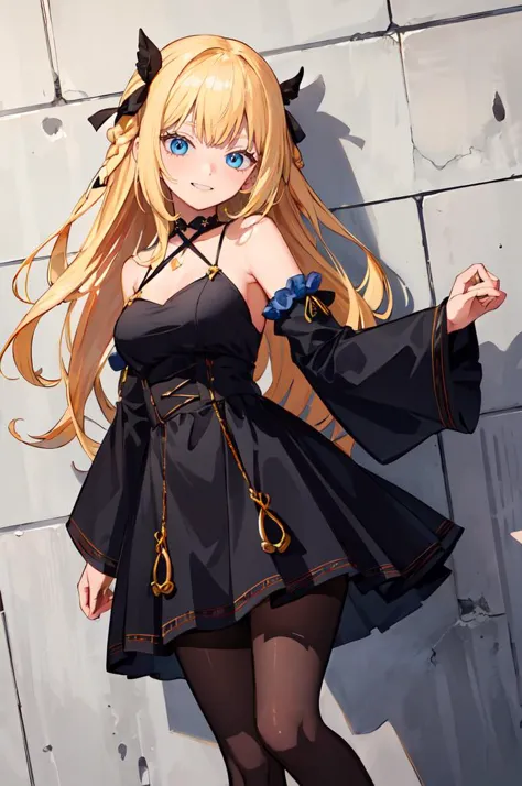 ultra detailed, masterpiece, best quality, solo, soft smile, light smile,
1girl, blue eyes, very long hair, blonde hair, long blonde hair, french braid, bangs, medium breasts,
hair ribbon, frilled choker, criss-cross halter, sleeveless dress, high-waist skirt, backless dress, waist bow, detached sleeves, frilled sleeves, wide sleeves, pantyhose, patterned legwear, mary janes,  <lora:chapi:0.75> blue theme, marble \(stone\), marble wall, against wall, facing viewer,