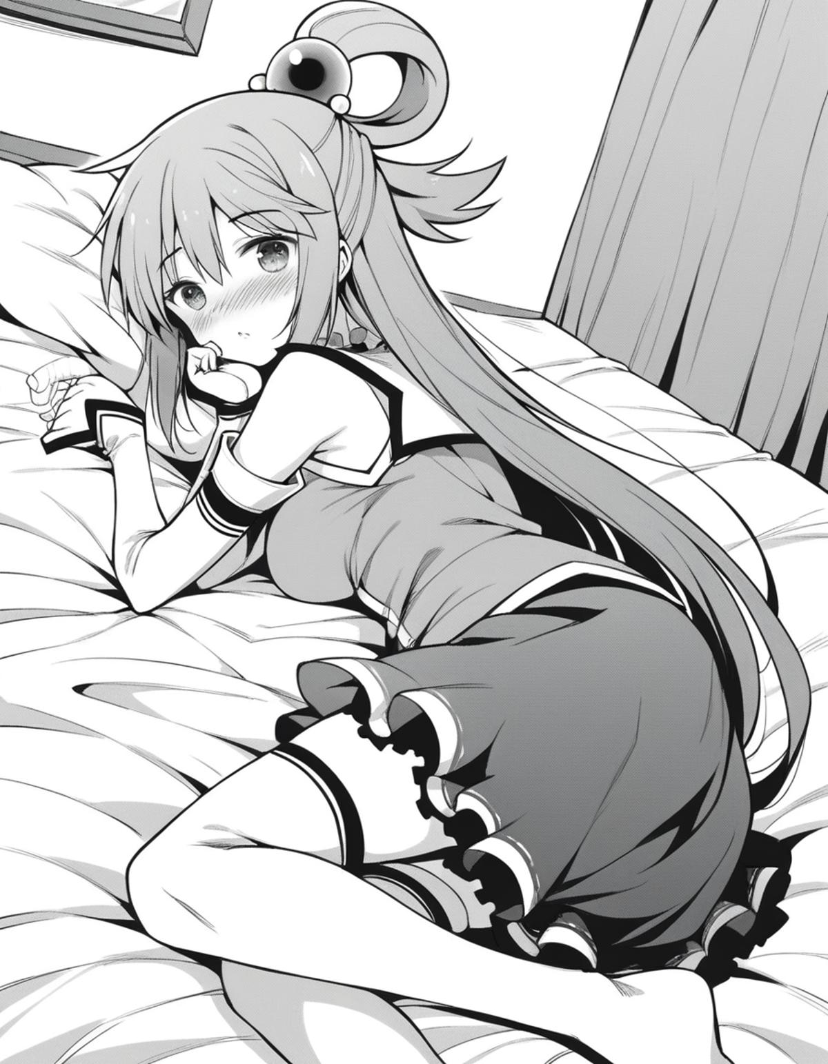 Anime girl laying on bed with head on pillow in black and white - SeaArt AI