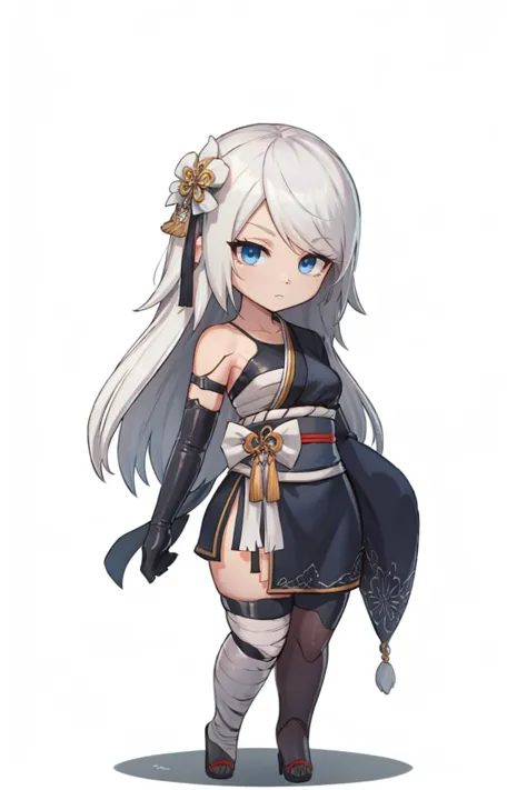 <lora:Yorha_A2Kimono-DEF:0.8> a2kimono, blue eyes, white hair, long hair, elbow glove, wide sleeve, sash, hair ornament, asymmetrical clothes, chibi style, full body, white background