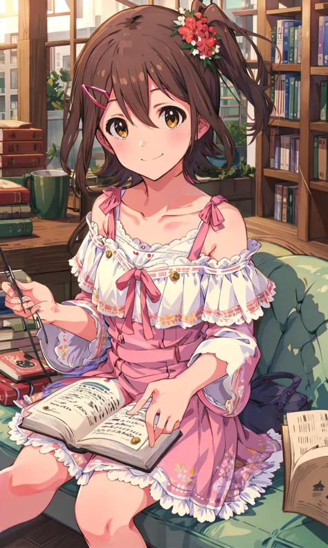 mirai kasuga (million live), (best quality, 8K, masterpiece, ultra detailed:1.2), wide shot, depth of field,
indoor, book, library, 
1girl, solo, collarbone, wind, floating hair, slight smile, hairclip, sitting, looking at viewer,