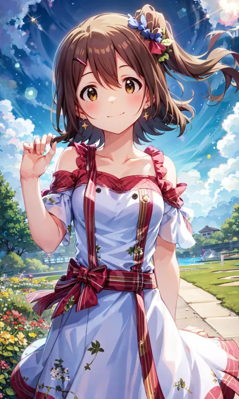 Mirai Kasuga (millones viven), (mejor calidad, 8K, obra maestra, ultra detallado:1.2), plano general, profundidad de campo, partículas de luz, Destello de lente, brillar, piel brillante, contraluz,
gredient sky, hermosas nubes, constelación, piso reflectante, flores silvestres, colores surrealistas, follaje brillante, atmósfera de otro mundo,
1 chica, solo, clavícula, viento, pelo flotante, (Pinza para el cabello), leve sonrisa, rubor, pendientes