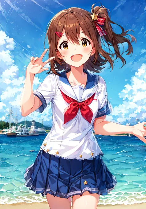 mirai kasuga (million live), shiny trinity \(costume\), (best quality, 8K, masterpiece, ultra detailed:1.2), sea, day, dappled s...