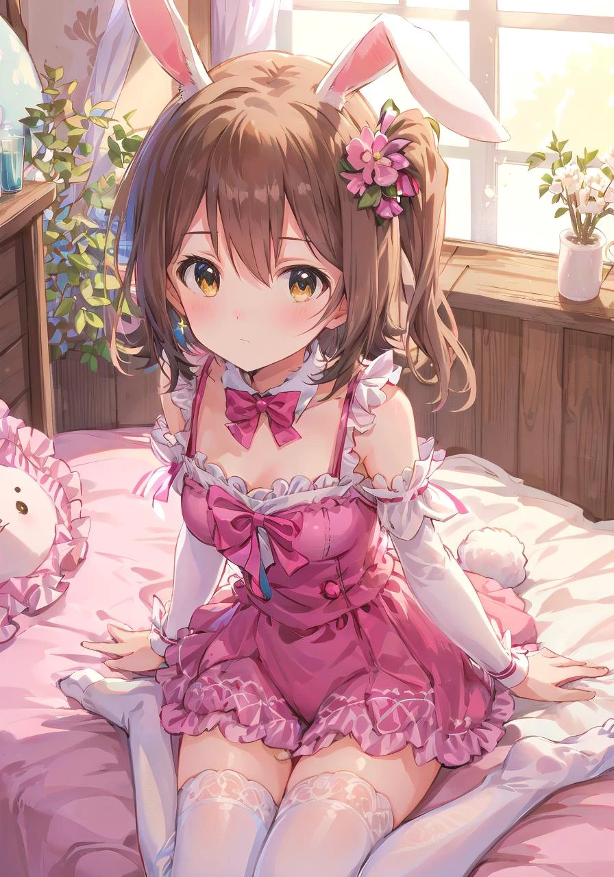 mirai kasuga (million live), (best quality, 8K, masterpiece, ultra detailed:1.2), cinematic lighting, beautiful detailed eyes, lens flare, from above,
1girl, solo, cute girl, sweet, innocent, peaceful and silent, bedroom, pastel color, fluffy bunny ears, , rabbit stuffed toy, bright lighting, pajama, frills, thighhighs, (v arms)