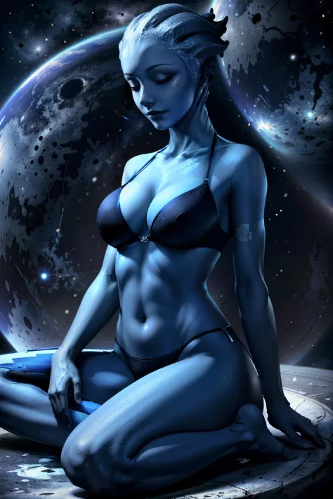 ((masterpiece:1.3), (best quality:1.3),  <lora:add_detail:0.5>,  <lora:epi_noiseoffset2:1>,  <lora:LiaraME:0.9>
LiaraME,blue skin,alien, 1girl, solo, breasts, smile, large breasts, navel, cleavage, medium breasts, sitting, underwear, swimsuit, closed eyes,...