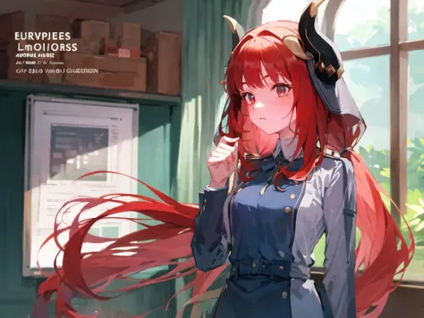 <lora:blueLycorisUniform_v1:1> lycoris_uniform,  <lora:nilouGenshinImpact_v10:1> 1girl, red hair, long hair, low twintails, horns,