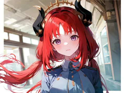 <lora:blueLycorisUniform_v1:1> lycoris_uniform,  <lora:nilouGenshinImpact_v10:1> 1girl, red hair, long hair, low twintails, horns,