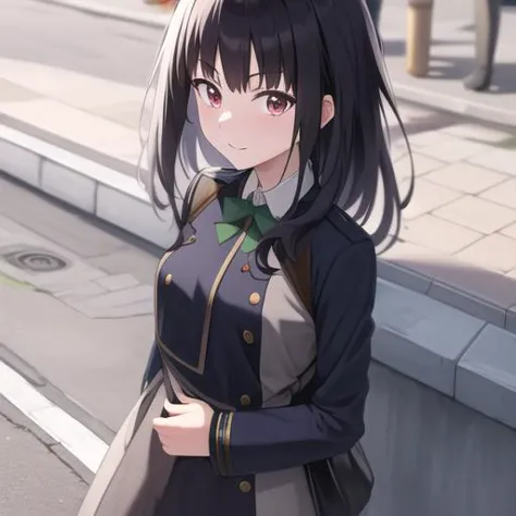 anime girl in uniform standing on a sidewalk with her hand in her pocket