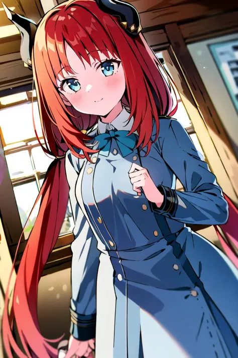 <lora:blueLycorisUniform_v1:1> lycoris_uniform,  <lora:nilouGenshinImpact_v10:1> 1girl, red hair, long hair, low twintails, horns,