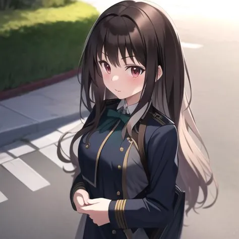 anime girl with long hair and a backpack walking down the street