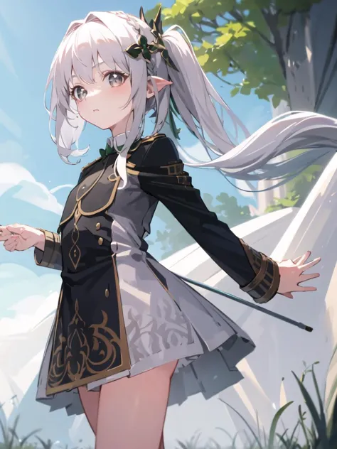 <lora:blueLycorisUniform_v1:1> lycoris_uniform,  small girl, petite, , white hair, braid, hair hair ornament,  side ponytail, <lora:yetAnotherNahidaLora_nahida:0.7>