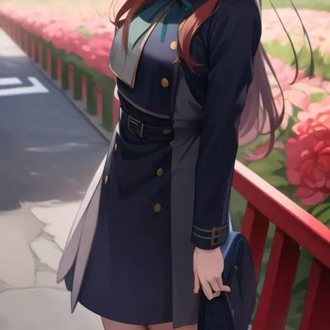 anime girl in uniform standing on a red railing with flowers in the background