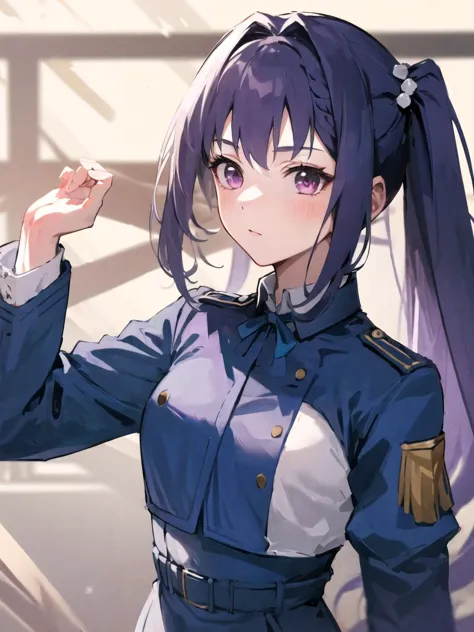 <lora:blueLycorisUniform_v1:1> lycoris_uniform,  1girl,  <lora:keqingGenshinImpact3in1_v10:0.9>, purple hair, hair ornament, twintails, braid, very long hair, close up