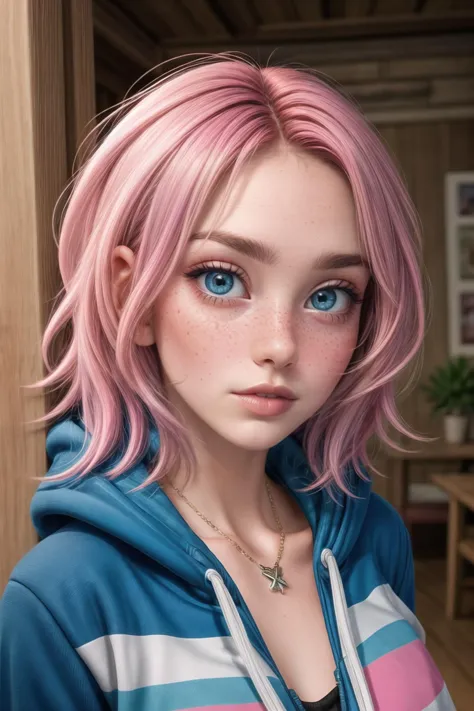 a woman with pink hair and blue eyes wearing a hoodie