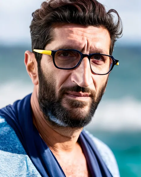 portrait photo of (Fares Fares:1.3) standing at the beach, big (long:1.2) (scruffy:1.1) (beard:1.2), 50 years old, long male pin...