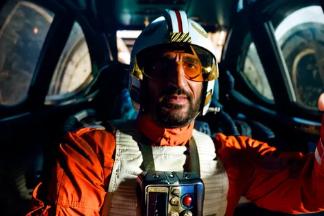 Fares Fares man with a helmet wearing a rebel pilot suit taking a selfie, inside a cockpit with one big wide panel (curved oval ...