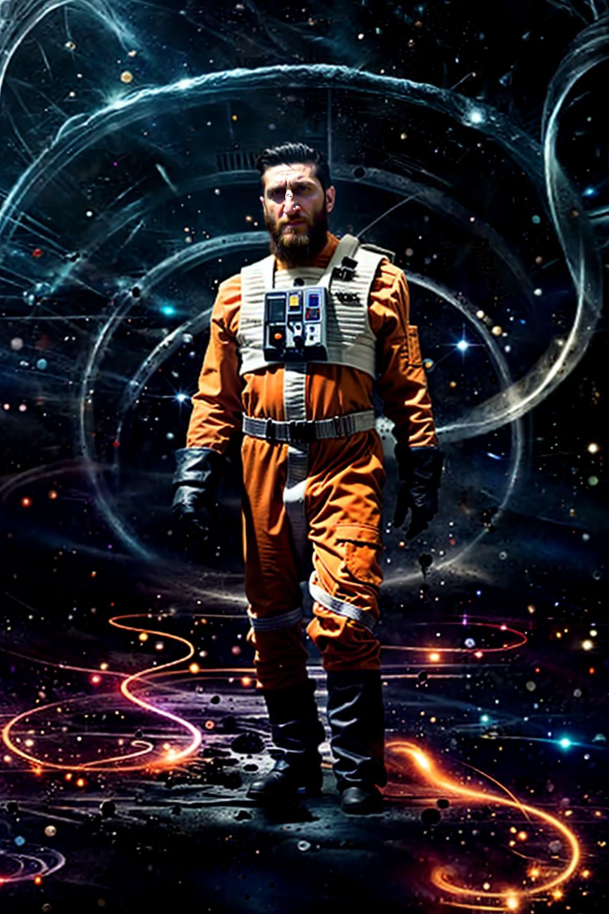 (Fares Fares:1.2) a man with a (slicked-back hair:1.3) wearing a (orange:0.2) (rebel pilot suit:1.2), dark space, bright stars, (full:1.2) (long:0.5) (squarish:1.2) big (beard:1.2), devilish (confident looking down:1.2), (a  circle of swirling psionicmagic, psychic energy, mana flow, shimmers, magic filament thread:1.1) is around his body, 4k uhd, dslr, soft light, high quality, Fujifilm XT3  