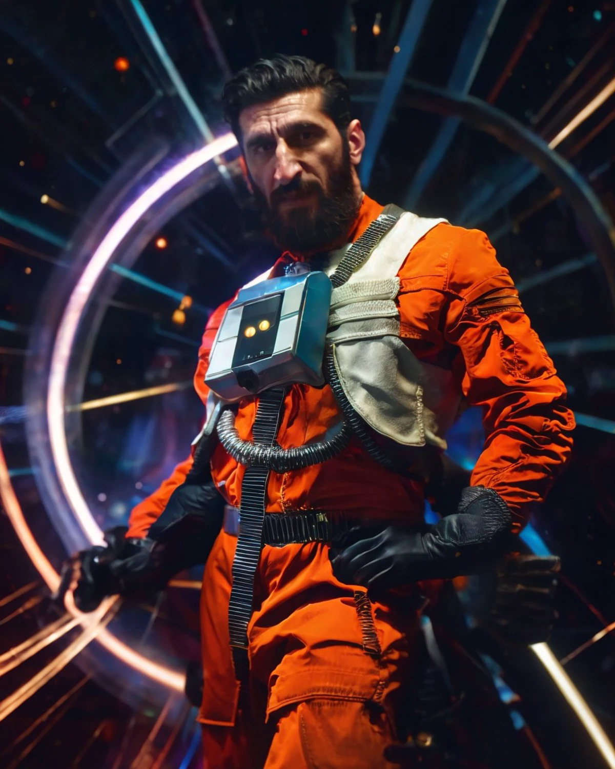 (Fares Fares:1.2) a man with a (slicked-back hair:1.3) wearing a (orange:0.2) (rebel pilot suit:1.2), dark space, bright stars, (full:1.2) (long:0.5) (squarish:1.2) big (beard:1.2), devilish (confident looking down:1.2), (a  circle of swirling psionicmagic, psychic energy, mana flow, shimmers, magic filament thread:1.1) is around his body, 4k uhd, dslr, soft light, high quality, Fujifilm XT3  