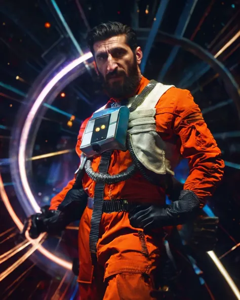 (Fares Fares:1.2) a man with a (slicked-back hair:1.3) wearing a (orange:0.2) (rebel pilot suit:1.2), dark space, bright stars, ...