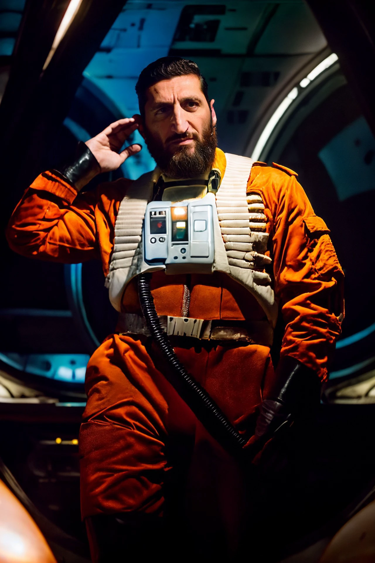 (Fares Fares:1.2) man with a (slicked-back hair:1.3) wearing a rebel pilot suit, inside a cockpit with one big wide panel (curved oval windows:1.2) showing the dark space, bright stars, (full:1.2) (long squarish:1.2) big (beard:1.2), devilish (confident looking down:1.2), 4k uhd, dslr, soft light, high quality, Fujifilm XT3  