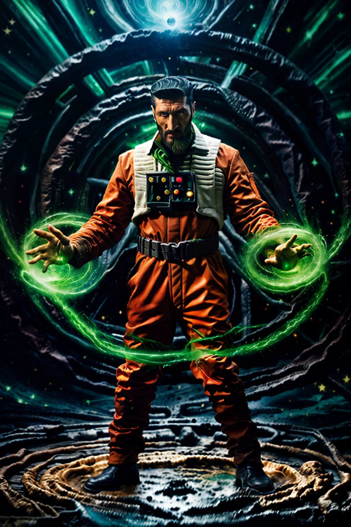 (Fares Fares:1.2) a man with a (slicked-back hair:1.3) wearing a (orange:0.2) (rebel pilot suit:1.2), dark space, bright stars, (full:1.2) (long:0.5) (squarish:1.2) big (beard:1.2), devilish (confident looking down:1.2), dynamic pose, (a circle of swirling ven0mancer, venom liquid, venom orb, swirling green liquid:1.1) is around his body, 4k uhd, dslr, soft light, high quality, Fujifilm XT3  