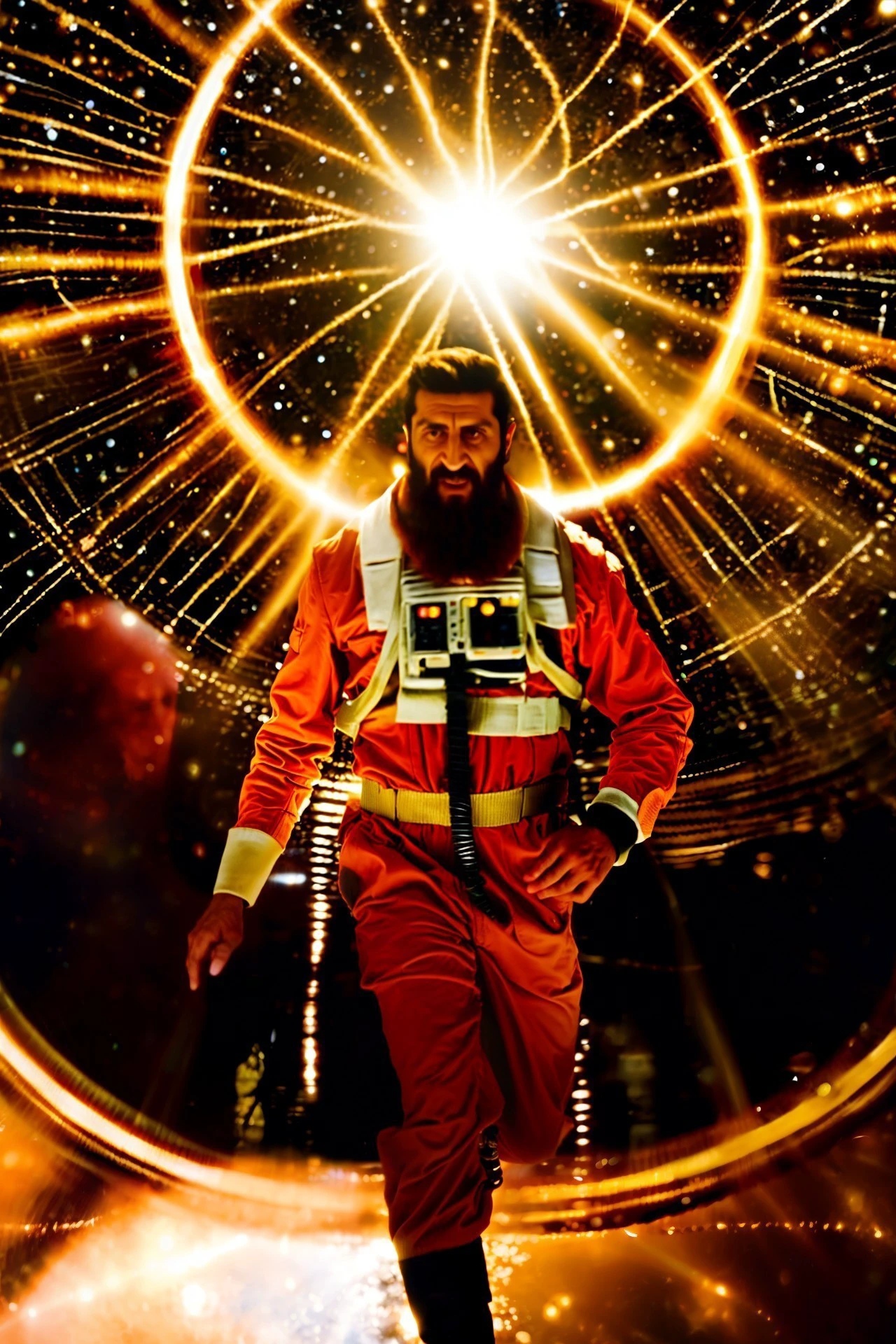 (Fares Fares:1.2) man with a (slicked-back hair:1.3) wearing a rebel pilot suit, inside a cockpit with one big wide panel (curved oval windows:1.2) showing the dark space, bright stars, (full:1.2) (long squarish:1.2) big (beard:1.2), devilish (confident looking down:1.2), (a circle of  golden magic filament thread of light:1.3) is around his body, 4k uhd, dslr, soft light, high quality, Fujifilm XT3  