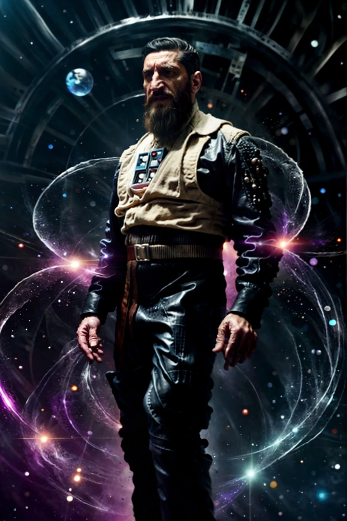 (Fares Fares:1.2) a man with a (slicked-back hair:1.3) wearing a rebel pilot suit, dark space, bright stars, (full:1.2) long (squarish:1.2) big (beard:1.2), devilish (confident looking down:1.2), (a  circle of swirling psionicmagic, psychic energy, mana flow, shimmers, magic filament thread:1.1) is around his body, 4k uhd, dslr, soft light, high quality, Fujifilm XT3  