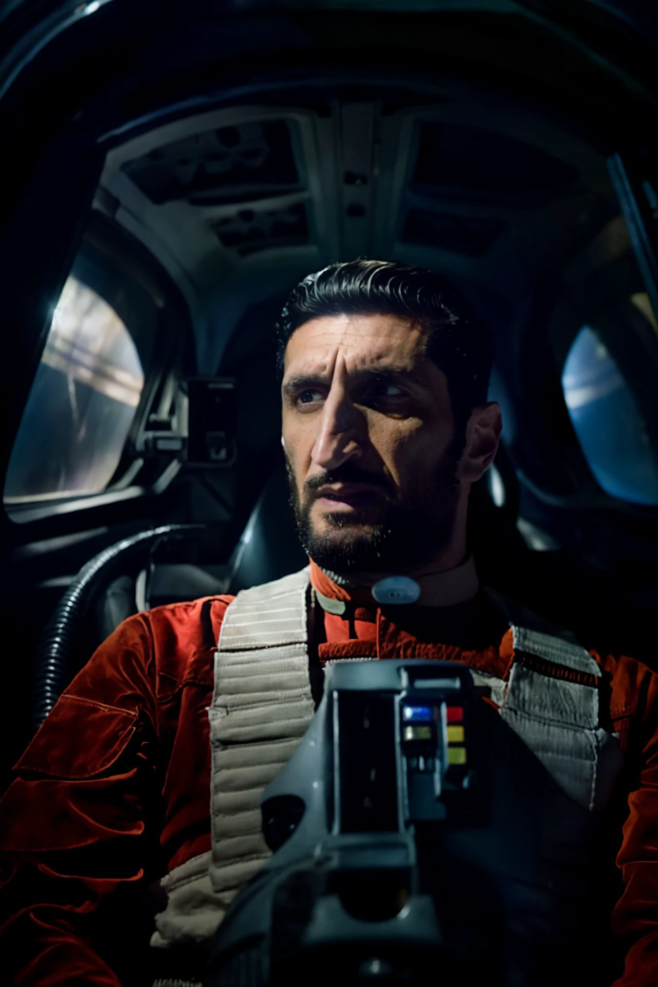 (Fares Fares:1.2) man with a (slicked-back hair:1.3) wearing a rebel pilot suit, inside a cockpit with one big wide panel (curved oval windows:1.2) showing the dark space, bright stars 4k uhd, dslr, soft light, high quality, Fujifilm XT3  