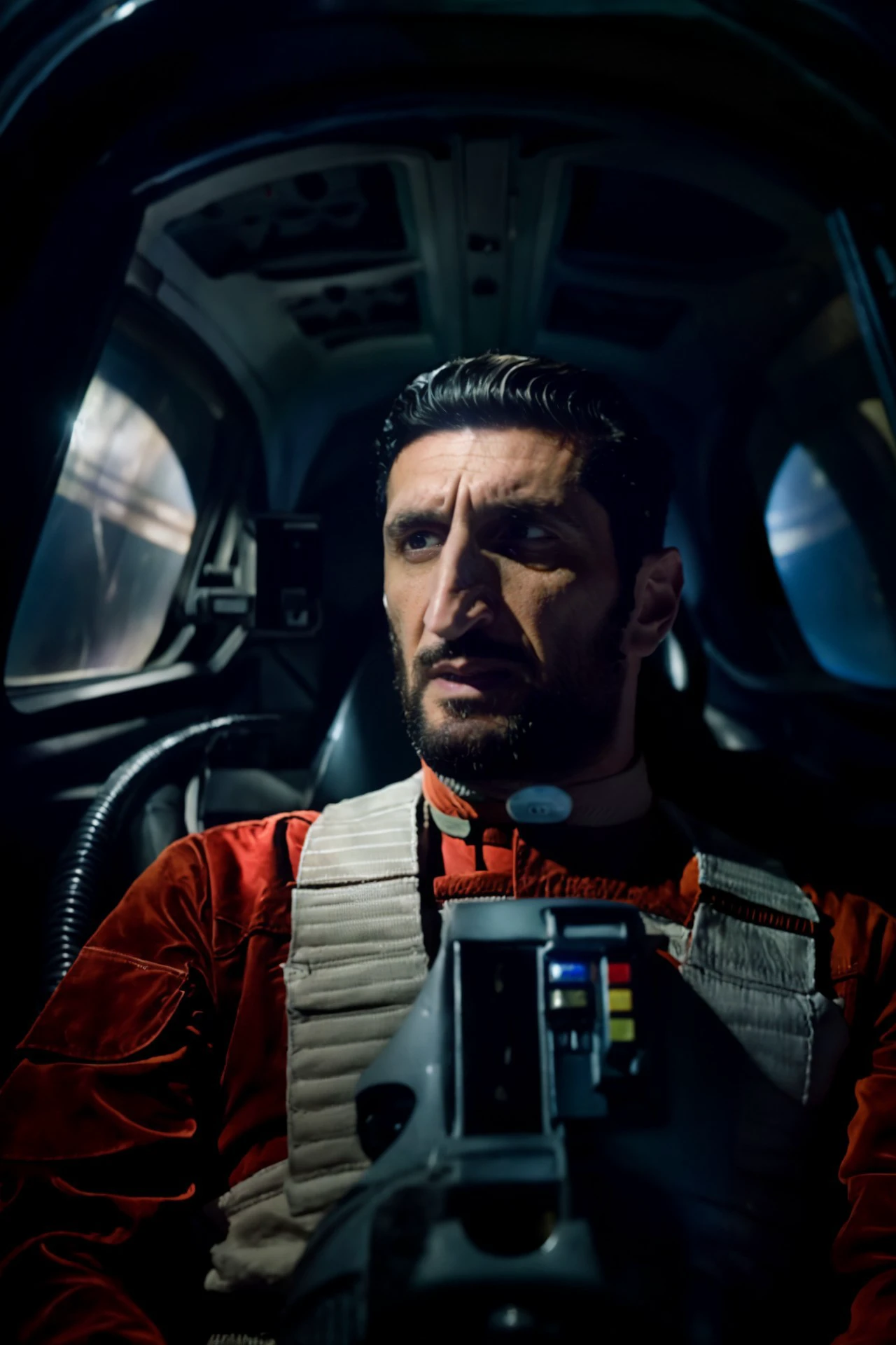 (Fares Fares:1.2) Homem com um (cabelo penteado para trás:1.3) vestindo um traje de piloto rebelde, dentro de um cockpit com um grande painel largo (janelas ovais curvas:1.2) mostrando o espaço escuro, estrelas brilhantes 4k uhd, DSLR, luz suave, alta qualidade, Fujifilm XT3  