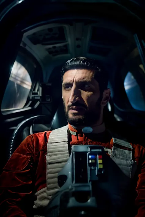 (Fares Fares:1.2) man with a (slicked-back hair:1.3) wearing a rebel pilot suit, inside a cockpit with one big wide panel (curve...