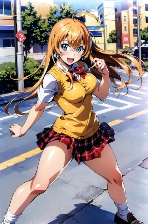 ((masterpiece,best quality, detailed)), 1girl, solo, outdoors, street, fighting stance, smile, open mouth, day, full body, standing, looking at viewer,
sonsaku hakufu, plaid skirt, sweater vest, white socks, loafers, red bow, white shirt, earrings, <lora:S...
