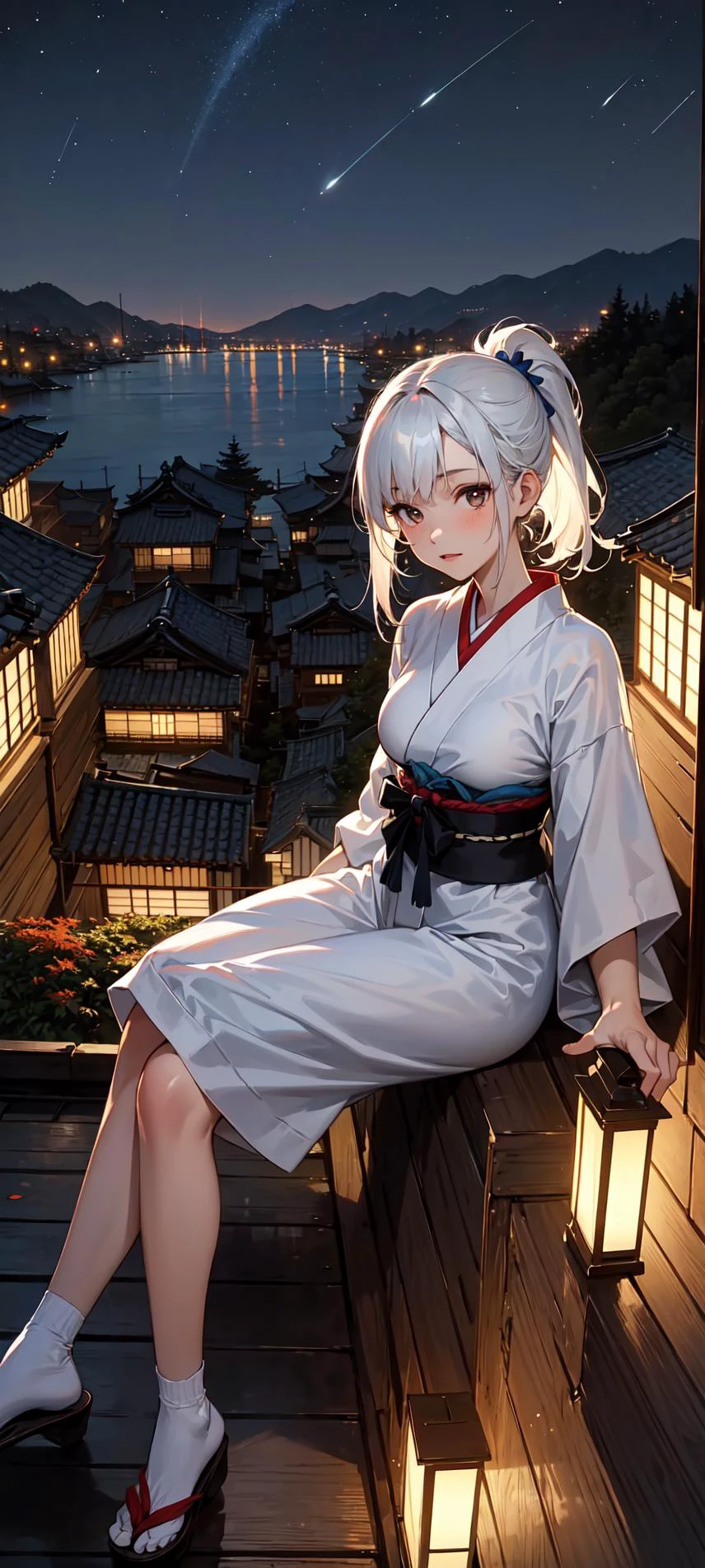 ((masterpiece:1.3, best quality:1.4)), delicate mature lady, wide hips, large breasts, 1girl with short white hair, very long hair, side ponytail, traditional japanese dress, red pupils, ((sitting near building's ledge)), rooftop, city view, seaside city, incredible view, ((nighttime)), city lights, sparkling, ((small traditional japanese village)), autumn leaves in the air, autumn season, stars night sky, forest in the distance, {{front view}},