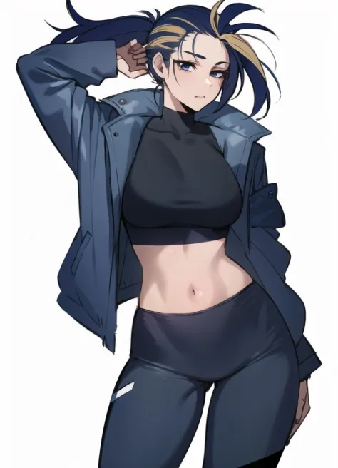 1girl, standing, solo, simple_background, fully clothed, jacket, yoga_pants, shirt, 
 <lora:homebrew_ratatatat_kdaakaliround2:0....