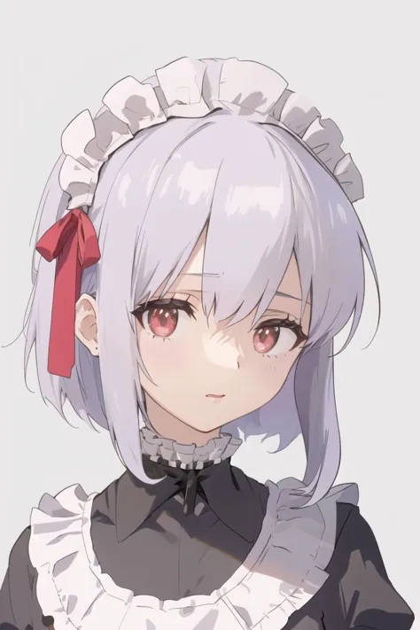 a close up of a person with a white hair and a red bow