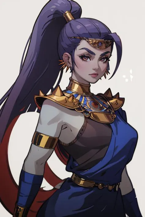 (masterpiece, best quality:1.2), <lora:mikeinel:0.95>, mikeinel, 1girl, solo, looking at viewer, breasts, <lora:megaera:0.95> megaera, ponytail, colored skin, piercing, ear piercing, blue skin, gorget, greek clothes