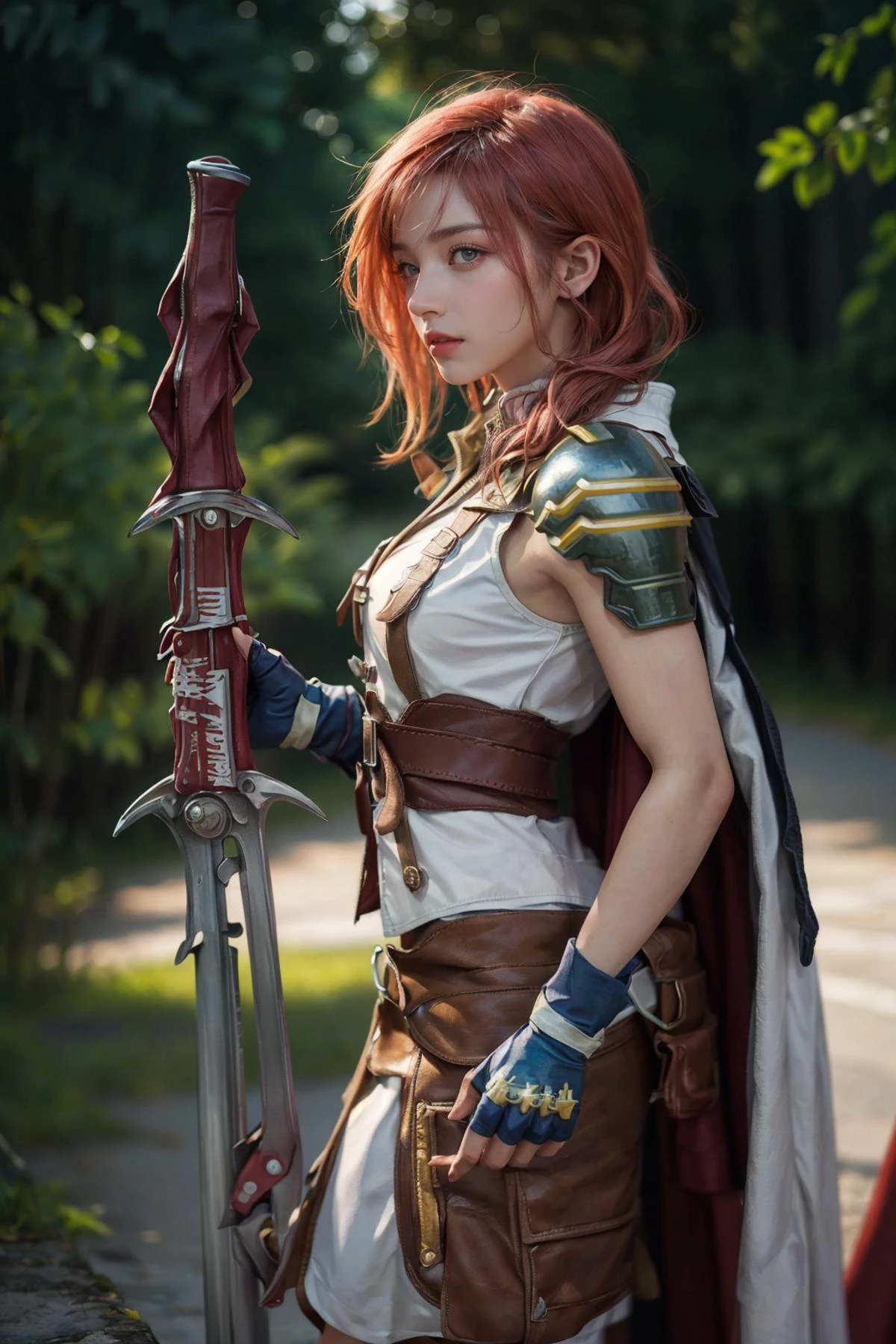 (8k, RAW photo, best quality, masterpiece:1.1), High detail RAW color photo,
,(realistic, photo realistic:1.25), 
,(ultra-detailed hair, many detailed tangle hair streak:1.2)
 ,(looking at viewer:1.2),dynamic angle
,(lightning farron,white sleeveless,shoulder armor,cape,skirt,fingerless gloves:1.2)
 full body
,(futuristic cities background:1.2)
,(hip focus,from side:1.2)
,Landsknecht ,((holding sword)),knight sword