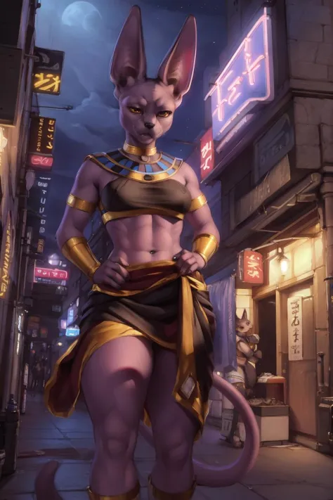(by honovy, by personalami, by zackary911), female, breasts, siamese, solo, beerus, fur, muscular, topwear, clothed, bottomwear, night, akihabara, tokyo, street, neon lights, egyptian clothing,
