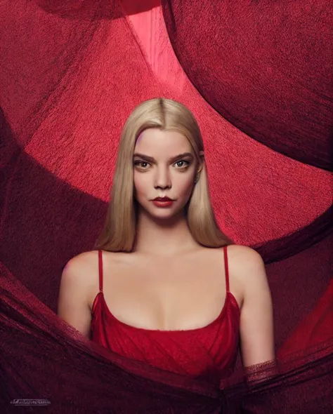 a close up of a woman in a red dress with a red background