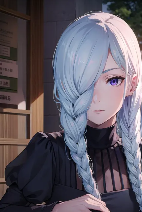 anime girl with long blue hair and braids in a black dress