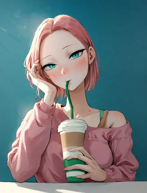 anime girl drinking coffee with straw and looking at camera