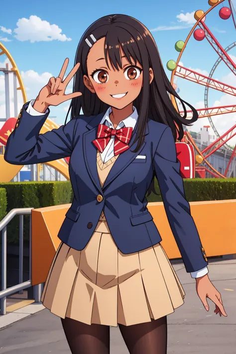 anime girl in school uniform posing in front of ferris wheel