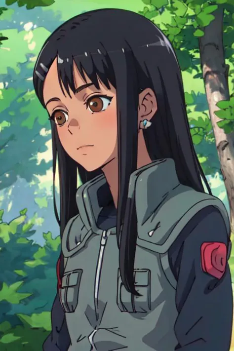 <lora:Nagatoro Hayase:0.8>,black hair,brown eyes,hairclip,ear cuff,<lora:attire_narutovest:1>, forest, upper body,cute girl, pre...