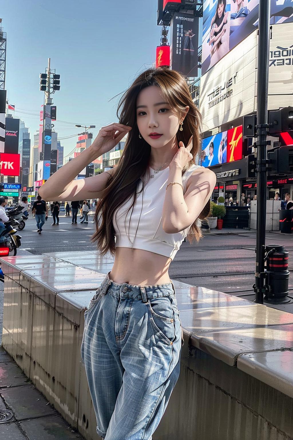 Araffe asian woman in a white crop top and jeans posing on a city street -  SeaArt AI